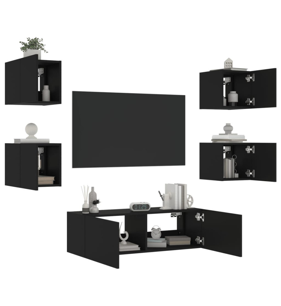 Meuble TV mural 5 pcs avec lumières LED noir