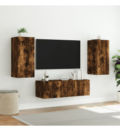 Meuble TV mural 3 pcs avec lumières LED chêne fumé