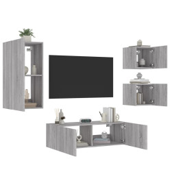 Meuble TV mural 4 pcs avec lumières LED sonoma gris