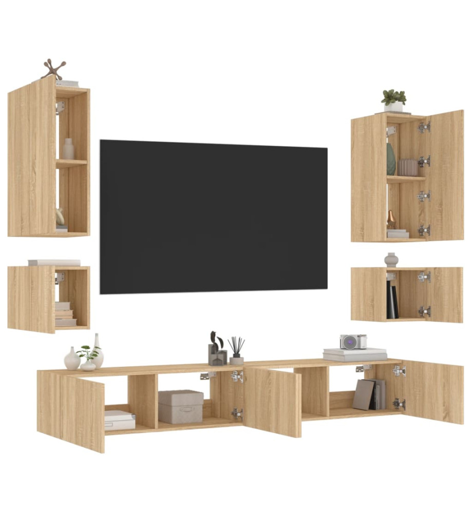 Meuble TV mural 6 pcs avec lumières LED chêne sonoma