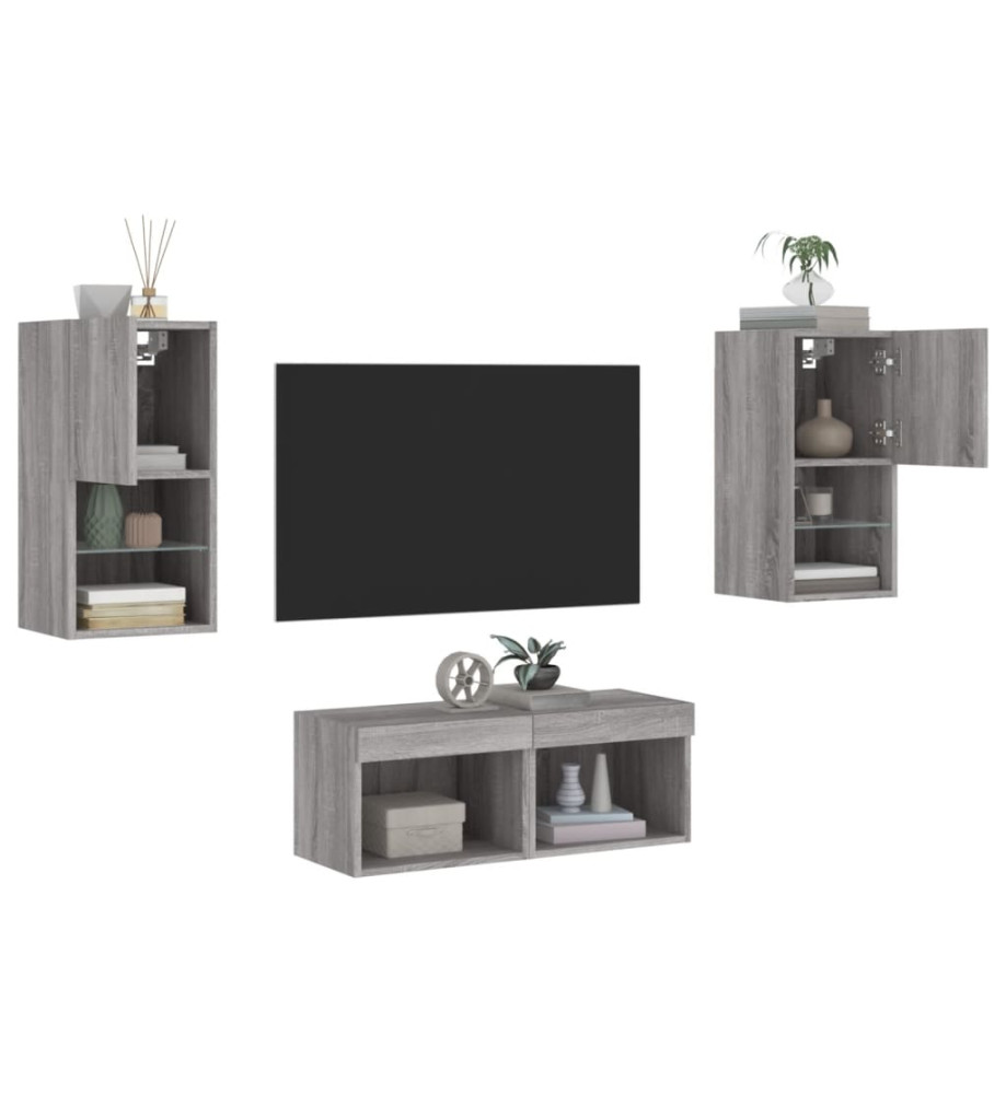 Meuble TV mural 4 pcs avec lumières LED sonoma gris