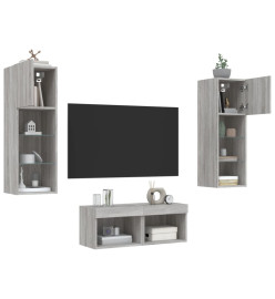 Meuble TV mural 4 pcs avec lumières LED sonoma gris