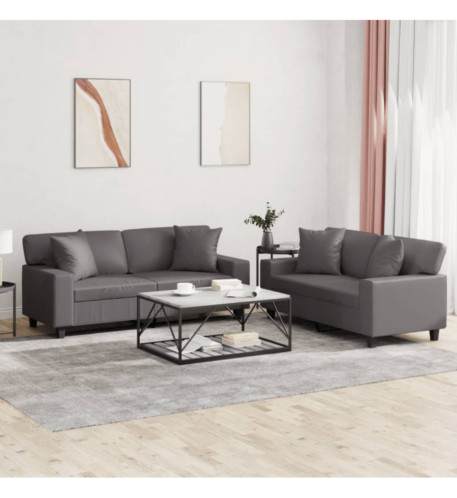 Ensemble de canapés 2 pcs avec coussins gris similicuir