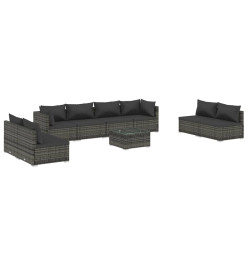 Salon de jardin 9 pcs avec coussins Résine tressée Gris