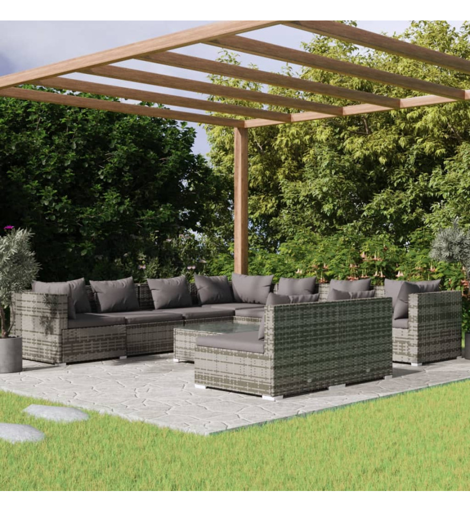 Salon de jardin 10 pcs avec coussins Gris Résine tressée Salon de jardin 10 pcs avec coussins Gris Résine tressée