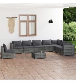 Salon de jardin 9 pcs avec coussins Résine tressée Gris