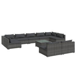 Salon de jardin 10 pcs avec coussins Gris Résine tressée