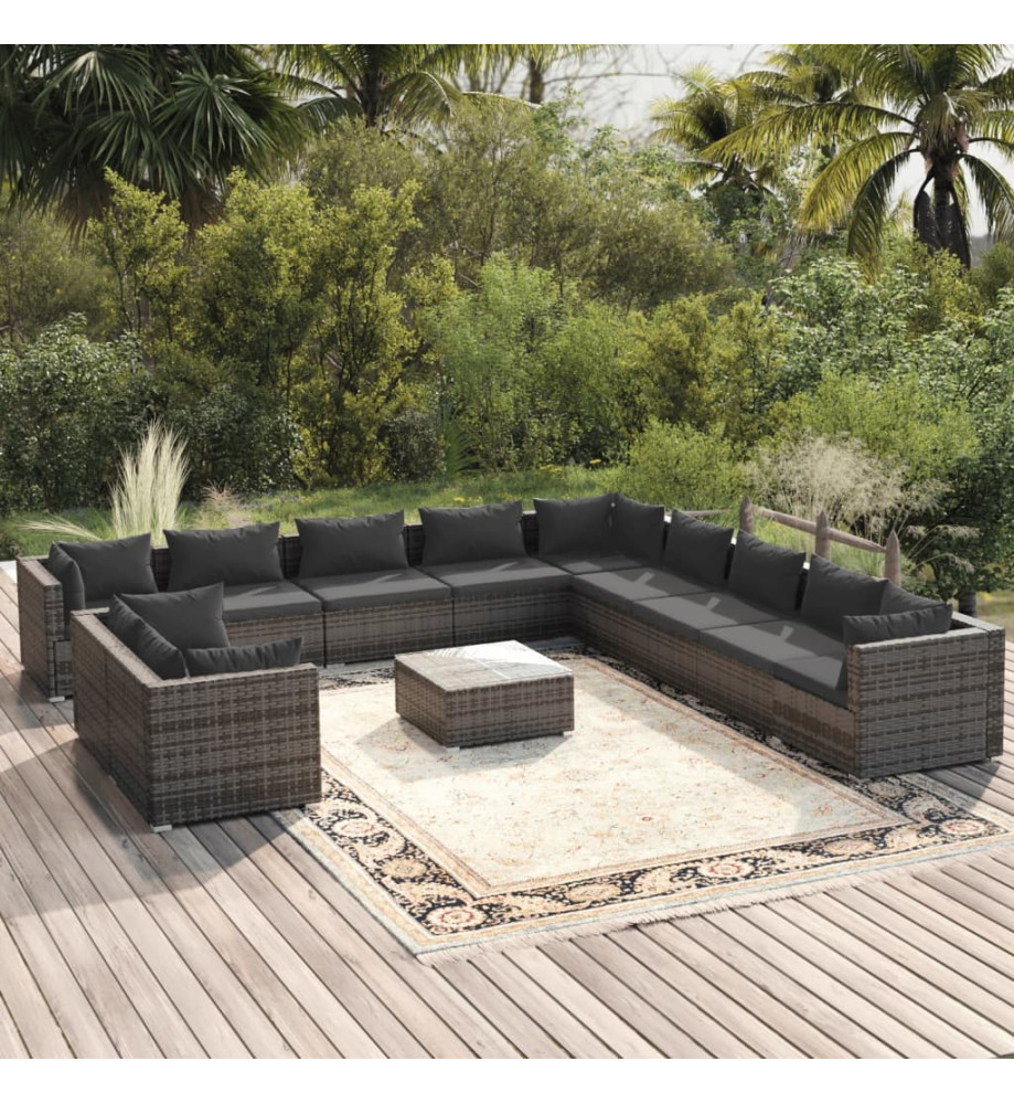 Salon de jardin 12 pcs avec coussins Gris Résine tressée Salon de jardin 12 pcs avec coussins Gris Résine tressée
