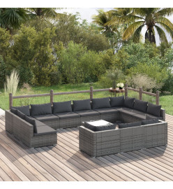 Salon de jardin 14 pcs avec coussins Gris Résine tressée