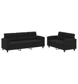 Ensemble de canapés 2 pcs avec coussins noir tissu microfibre