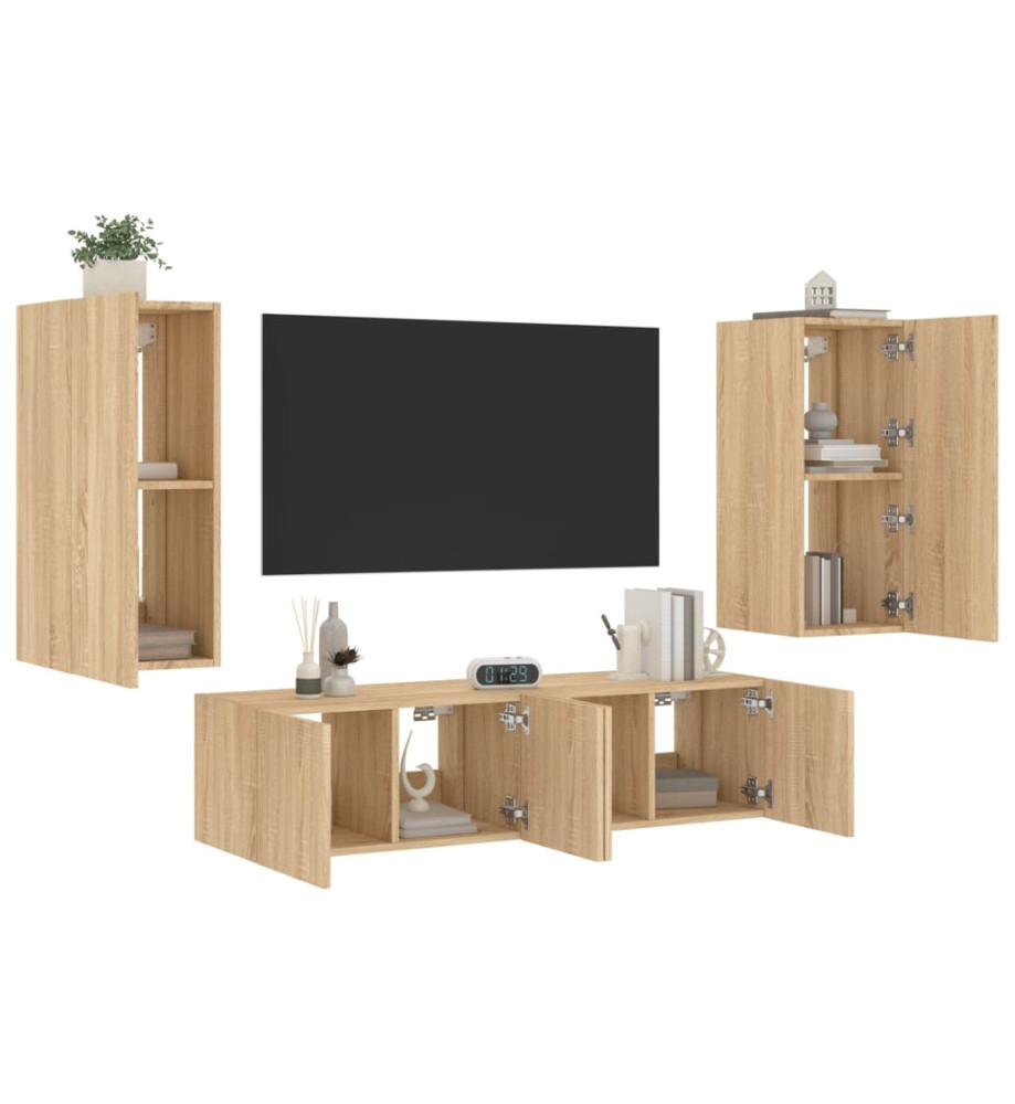 Unités murales TV avec LED 4 pcs chêne sonoma bois d'ingénierie