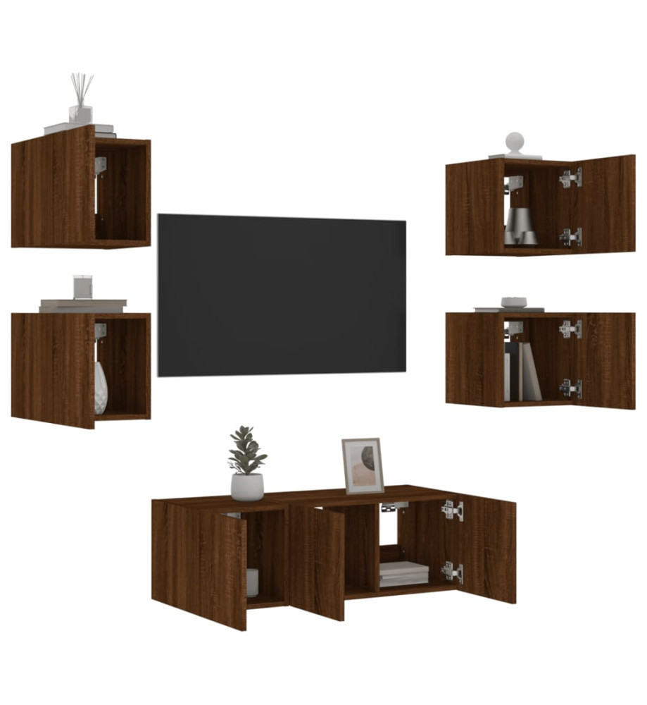 Unités murales TV avec LED 6 pcs chêne marron bois d'ingénierie