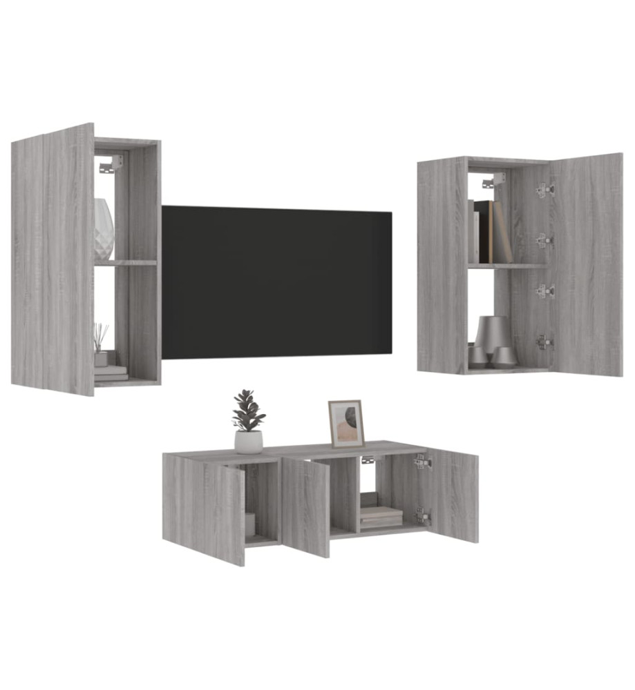 Unités murales TV avec LED 4 pcs gris sonoma bois d'ingénierie