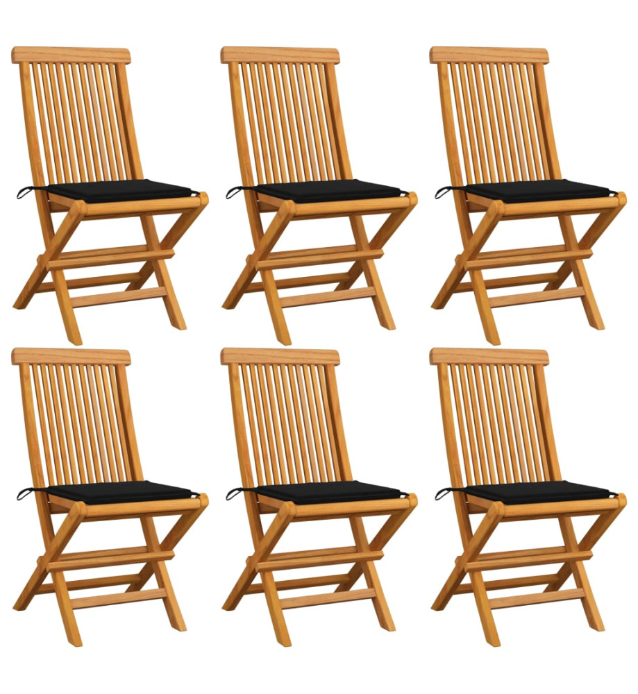 Chaises de jardin avec coussins noir 6 pcs Bois de teck massif Chaises de jardin avec coussins noir 6 pcs Bois de teck massif