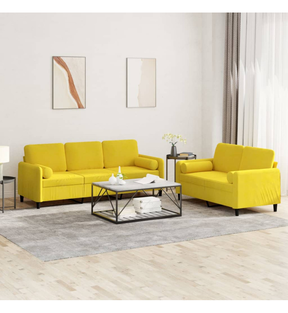 Ensemble de canapés 2 pcs avec coussins jaune velours