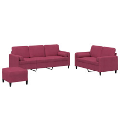 Ensemble de canapés 3 pcs avec coussins rouge bordeaux velours