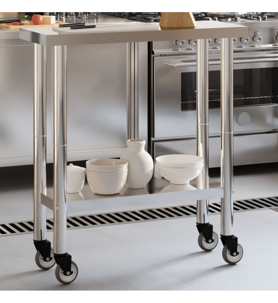 Table de travail de cuisine avec roues 82,5x30x85 cm inox