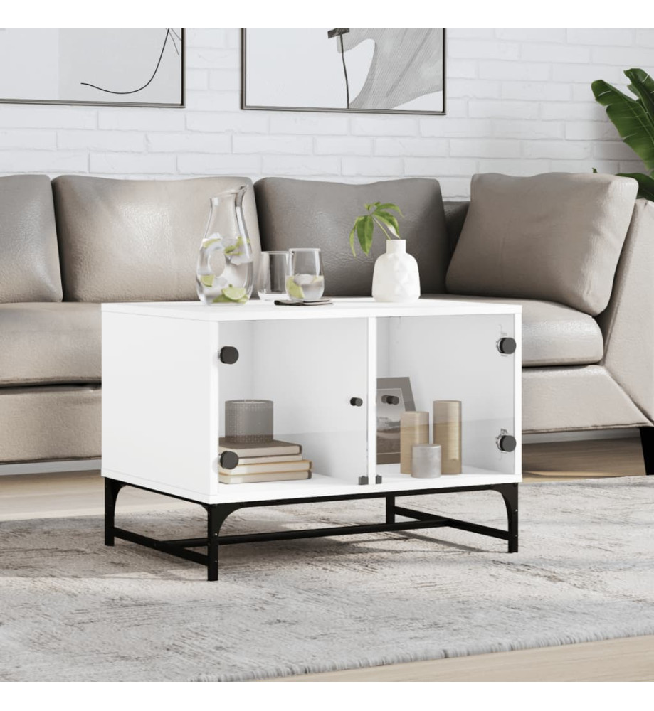 Table basse avec portes en verre blanc 68,5x50x50 cm