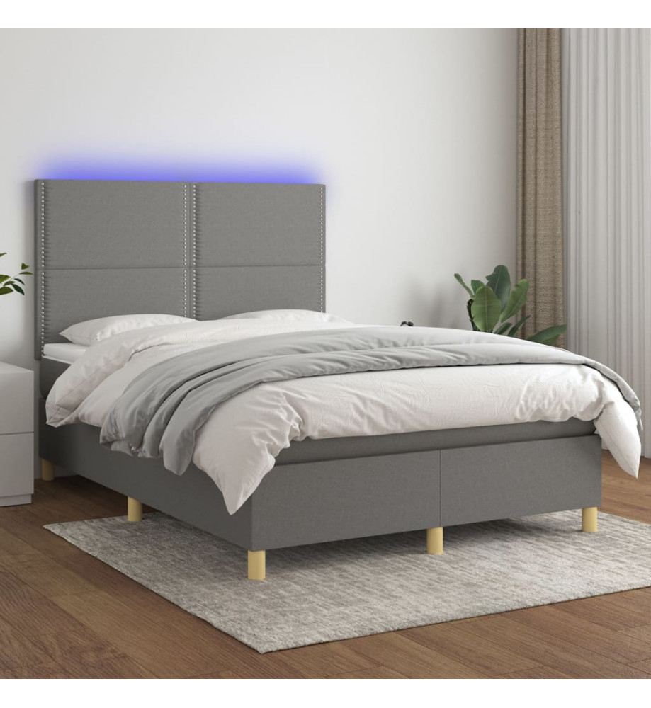 Sommier tapissier et matelas et LED Gris foncé 140x190 cm Tissu