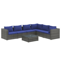 Salon de jardin 7 pcs avec coussins résine tressée gris