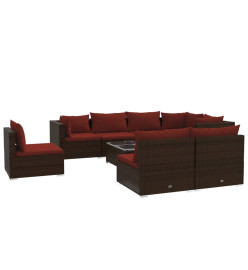 Salon de jardin 9 pcs avec coussins résine tressée marron