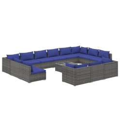 Salon de jardin 14 pcs avec coussins Gris Résine tressée