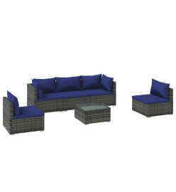 Salon de jardin 6 pcs avec coussins résine tressée gris