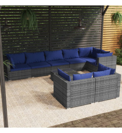 Salon de jardin 9 pcs avec coussins Gris Résine tressée