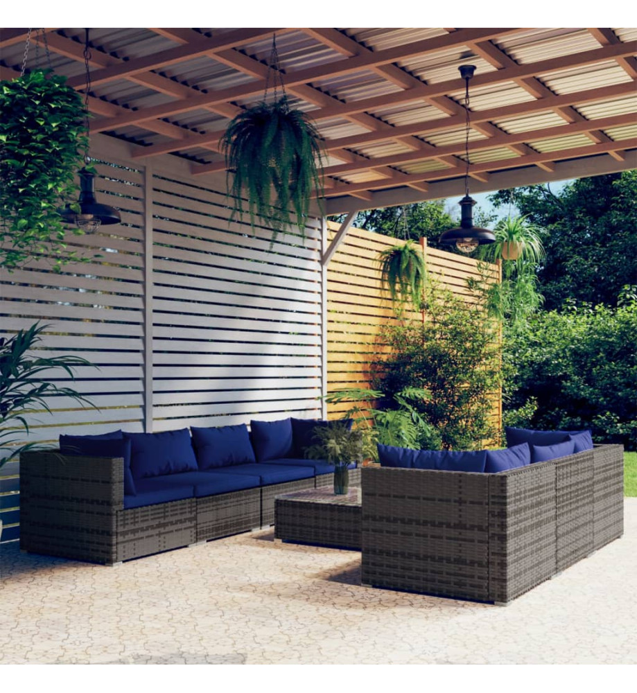 Salon de jardin 8 pcs avec coussins résine tressée gris Salon de jardin 8 pcs avec coussins résine tressée gris