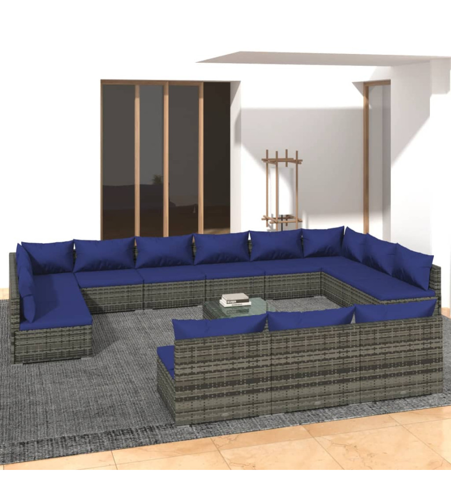 Salon de jardin 14 pcs avec coussins Gris Résine tressée Salon de jardin 14 pcs avec coussins Gris Résine tressée