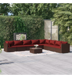 Salon de jardin 9 pcs avec coussins résine tressée marron