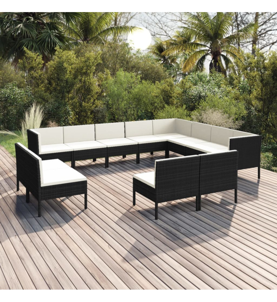 Salon de jardin 12 pcs avec coussins Résine tressée Noir