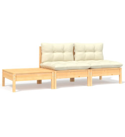 Salon de jardin 3 pcs avec coussins crème Bois de pin massif