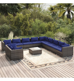 Salon de jardin 12 pcs avec coussins Gris Résine tressée