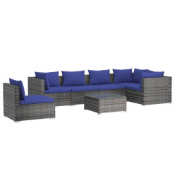 Salon de jardin 7 pcs avec coussins résine tressée gris