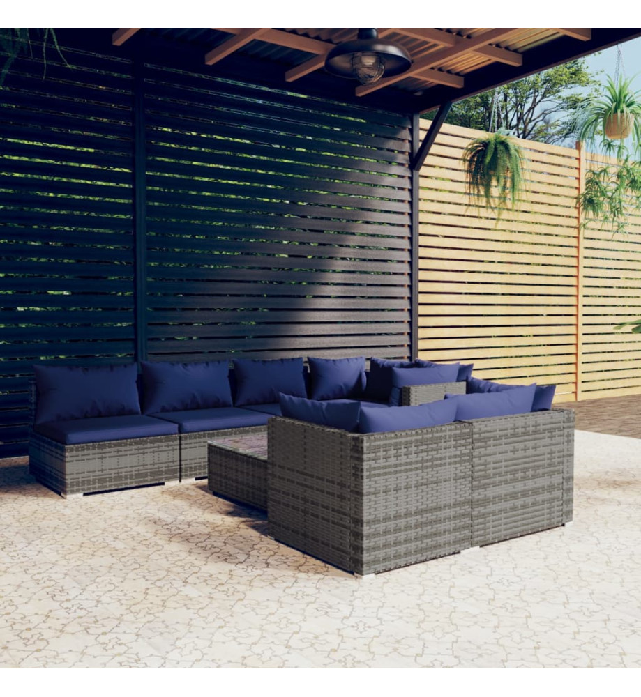 Salon de jardin 8 pcs avec coussins Gris Résine tressée Salon de jardin 8 pcs avec coussins Gris Résine tressée