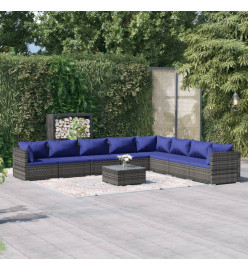 Salon de jardin 9 pcs avec coussins Résine tressée Gris
