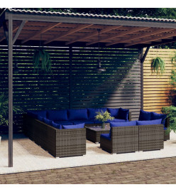 Salon de jardin 14 pcs avec coussins Gris Résine tressée