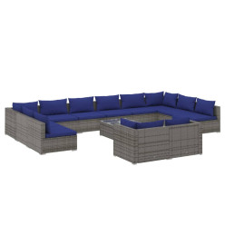 Salon de jardin 13 pcs avec coussins Gris Résine tressée