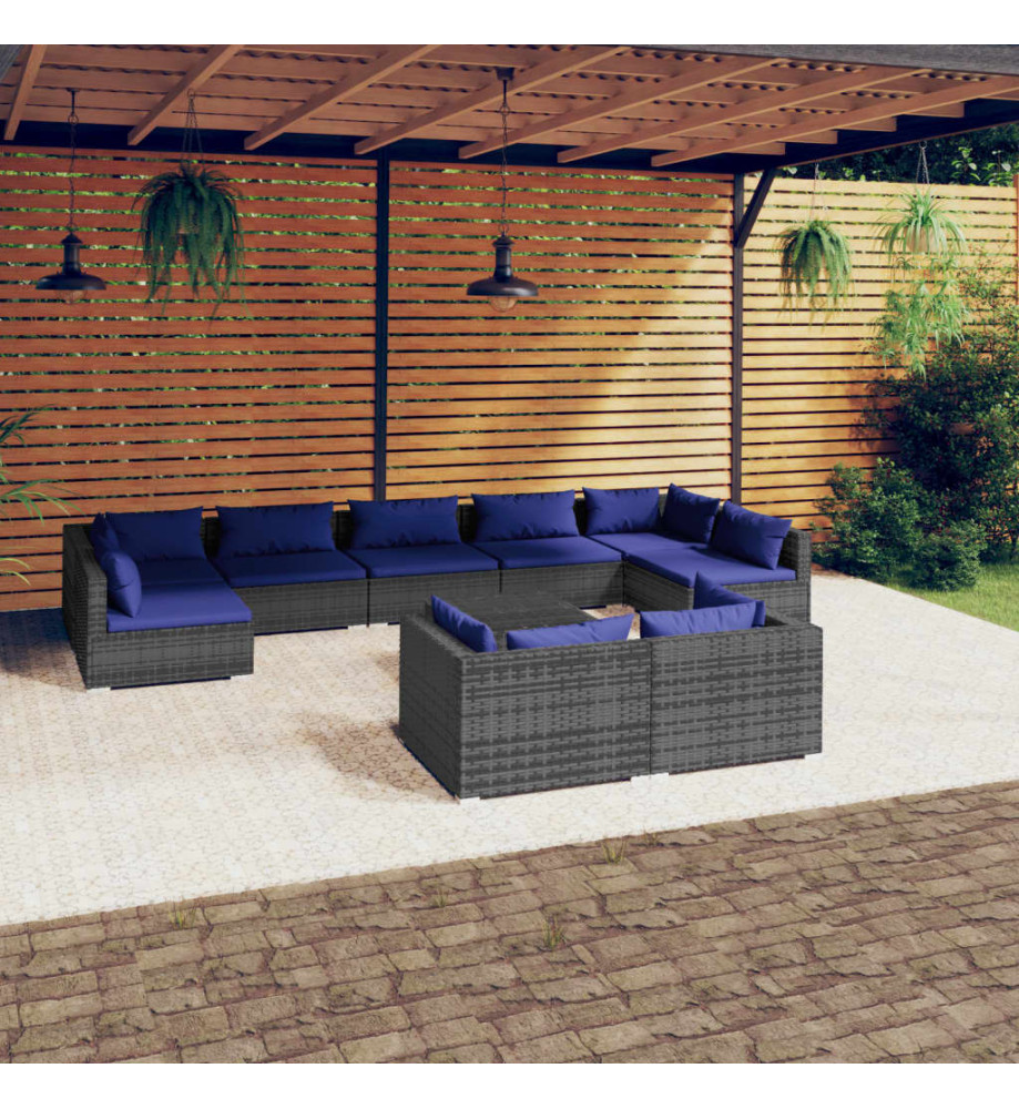 Salon de jardin 10 pcs avec coussins Gris Résine tressée Salon de jardin 10 pcs avec coussins Gris Résine tressée
