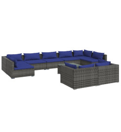 Salon de jardin 10 pcs avec coussins Gris Résine tressée