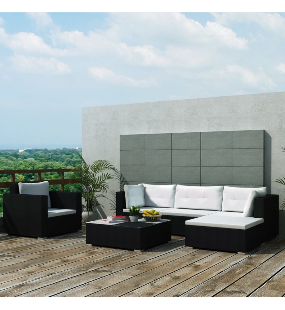 Salon de jardin 6 pcs avec coussins résine tressée noir Salon de jardin 6 pcs avec coussins résine tressée noir