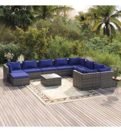 Salon de jardin 11 pcs avec coussins Résine tressée Gris