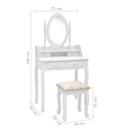 Ensemble de coiffeuse avec tabouret Blanc 75x69x140cm Paulownia