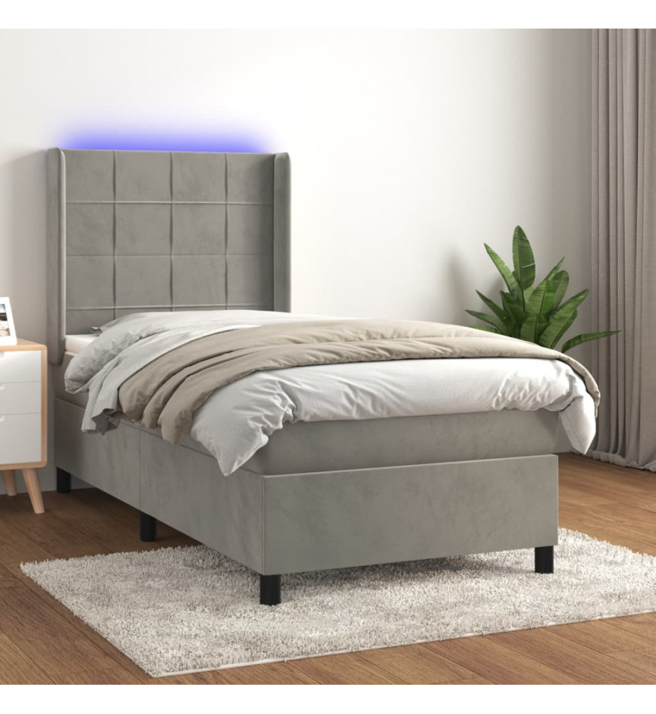 Sommier tapissier matelas et LED Gris clair 100x200 cm Velours