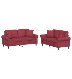 Ensemble de canapés 2 pcs et coussins rouge bordeaux similicuir