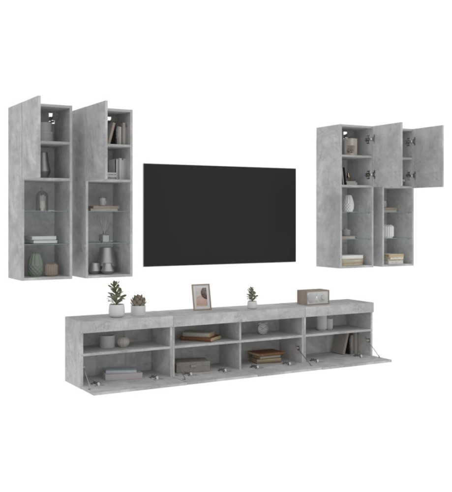 Ensemble de meubles TV muraux 7pcs et lumières LED gris béton