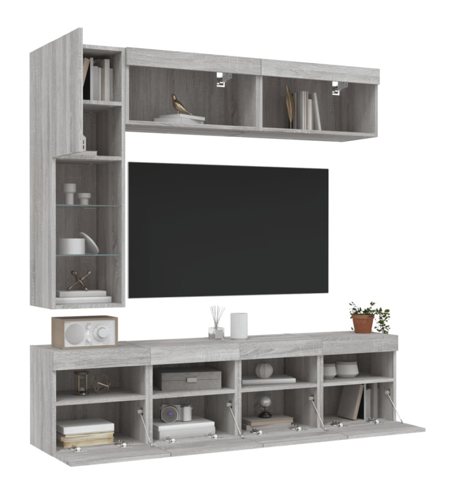 Ensemble de meubles TV muraux 7 pcs et lumières LED sonoma gris