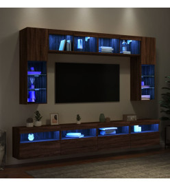 Ensemble de meubles TV muraux 8pcs et lumières LED chêne marron