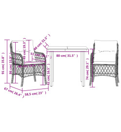 Ensemble de bistro 3 pcs et coussins gris clair résine tressée